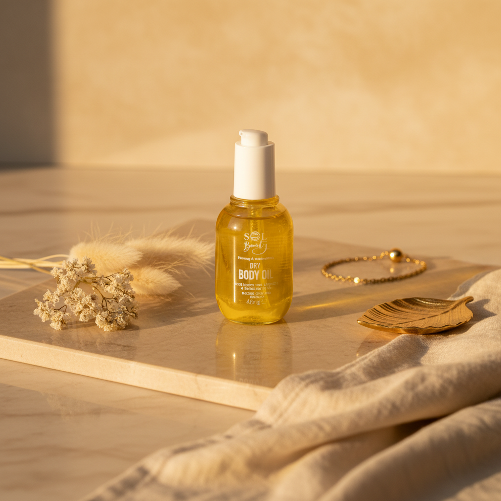 SOL Body huile sèche caramel salé vanille sur marbre doré avec fleurs séchées