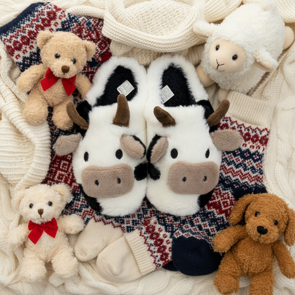 Pantoufles peluche vache taches noires sur fond blanc avec couverture douce et chaussettes