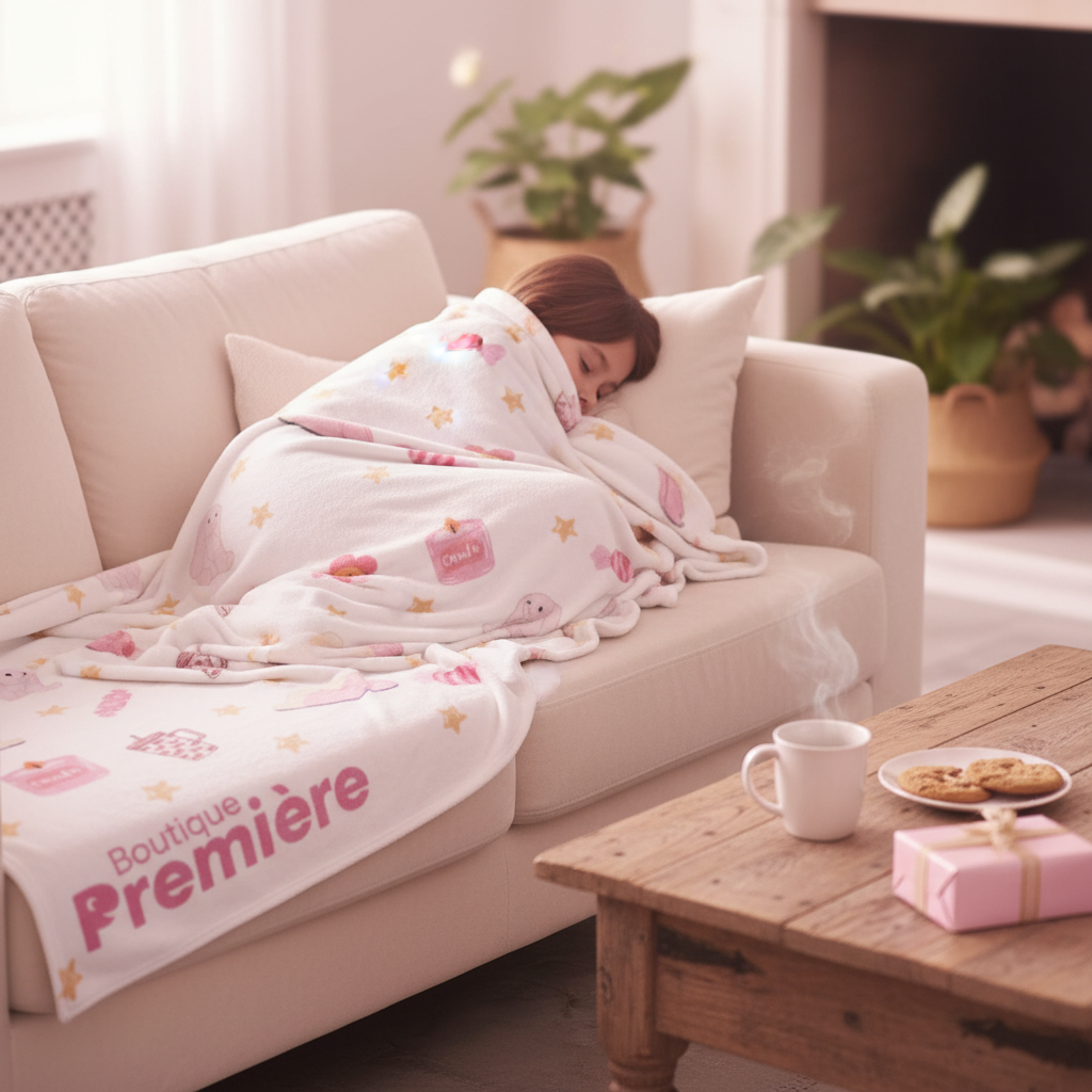 Personne enveloppée dans la couverture polaire Boutique Première sur un canapé douillet