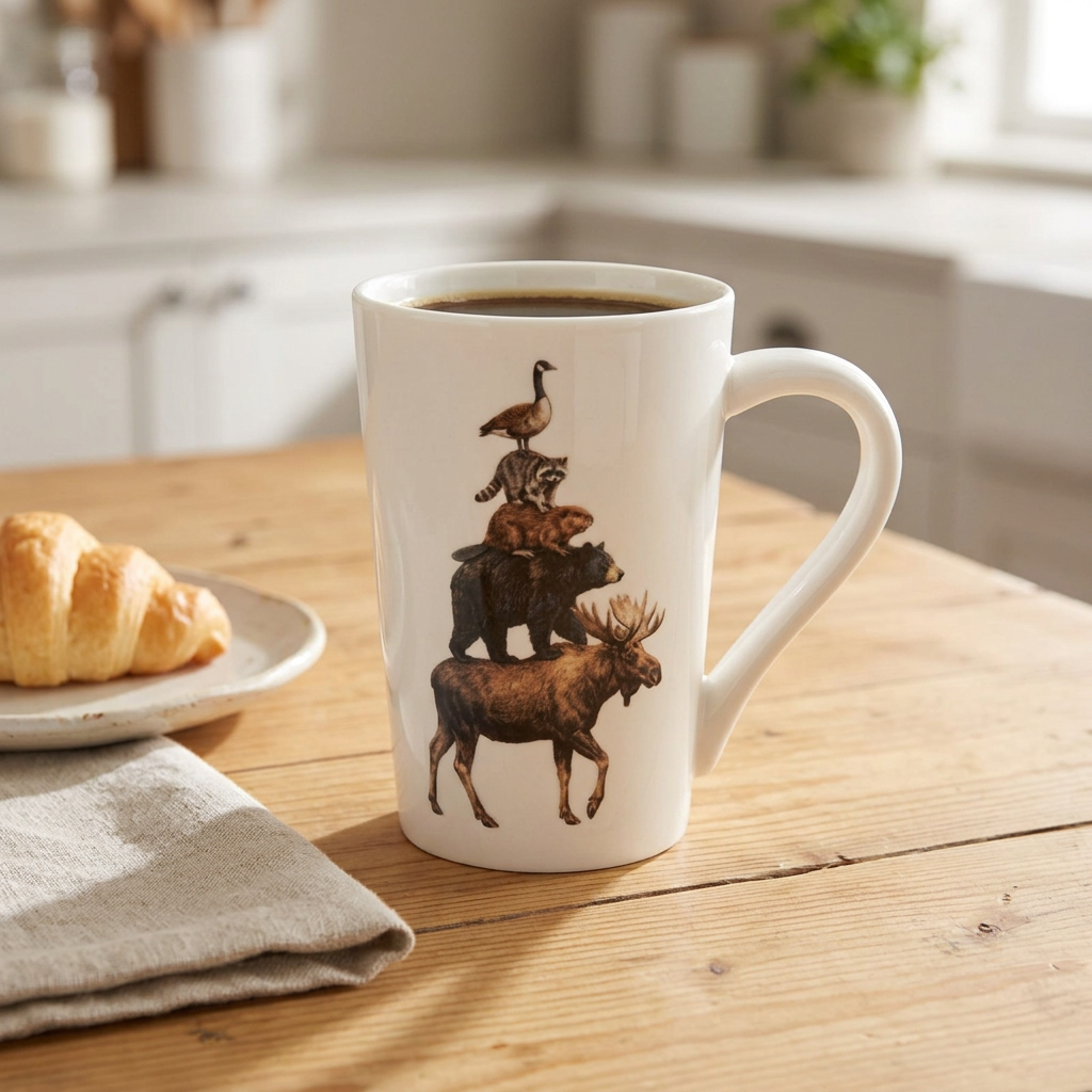 Tasse blanche Abbott à animaux de la forêt empilés sur une table de déjeuner en bois clair.