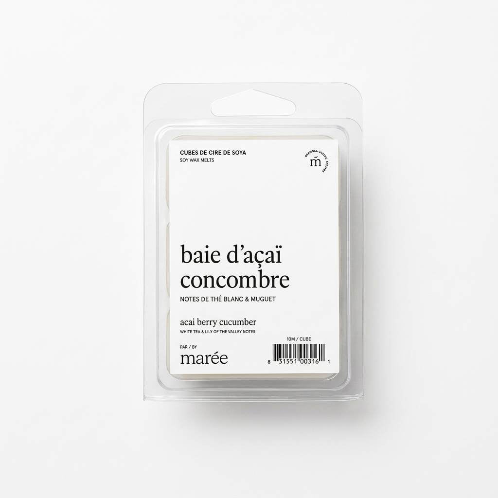 Cubes de cire de soya Baie d’açaï et concombre Marée, emballage sur fond blanc