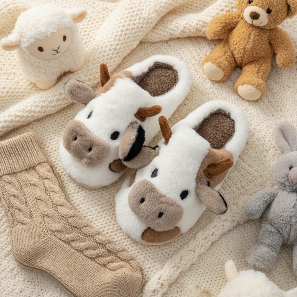 Pantoufles peluche vache taches beige sur fond blanc avec couverture douce et chaussettes