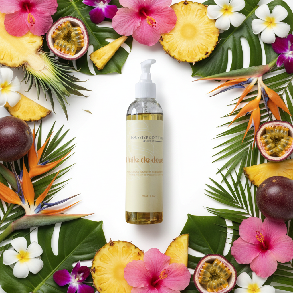 Huile de douche moussante Fruit Passion & Ananas Poussière d’Étoile sur fond blanc avec fruits de la passion et tranches d’ananas