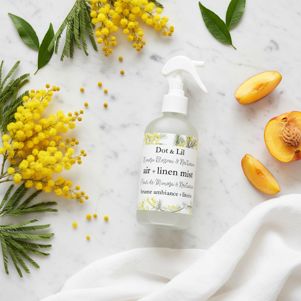 Brume ambiance literie Mimosa Nectarine Dot & Lil flat lay marbre avec mimosa