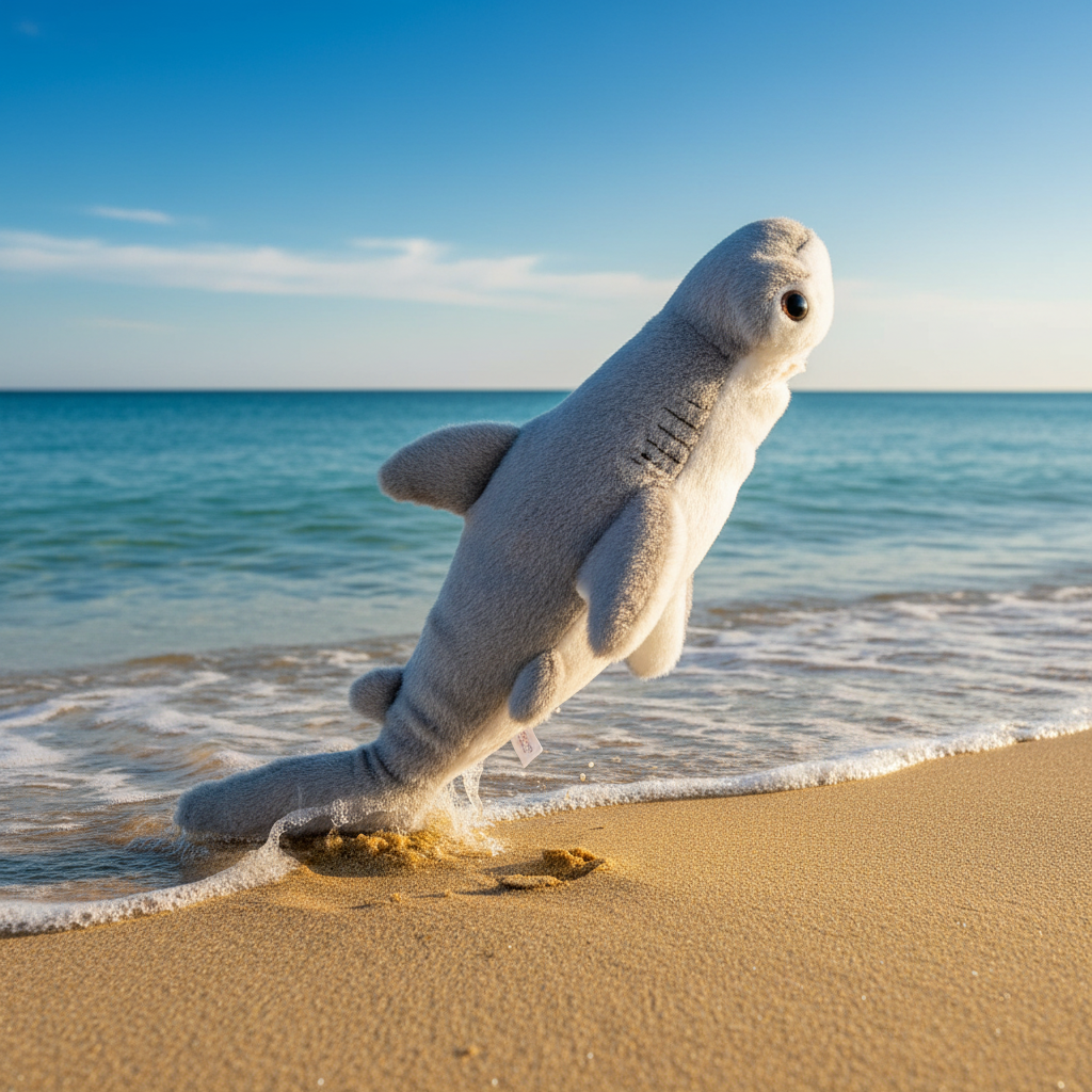 Peluche requin Hamlet Aurora dans ambiance plage océan lifestyle