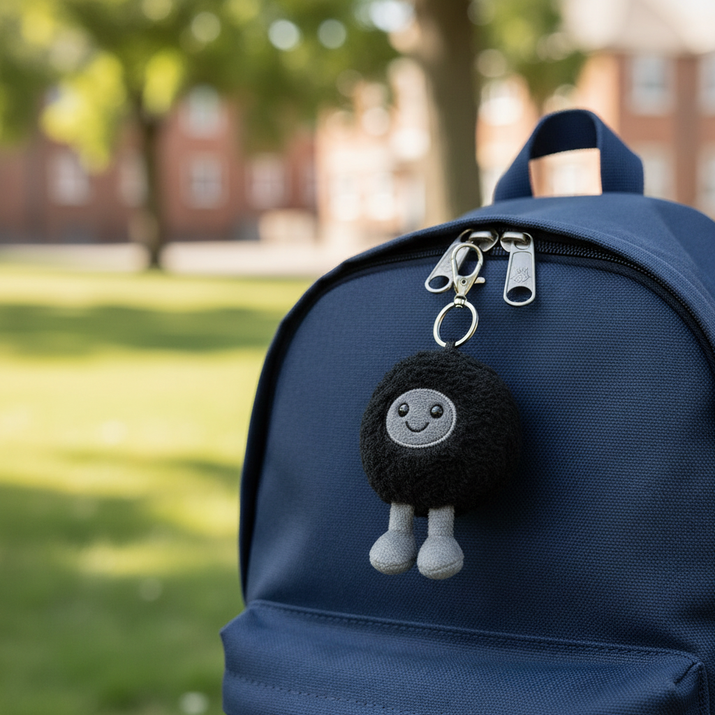 Jellycat Amuseables Black Hole Bag Charm — Breloque trou noir accrochée à un sac à dos