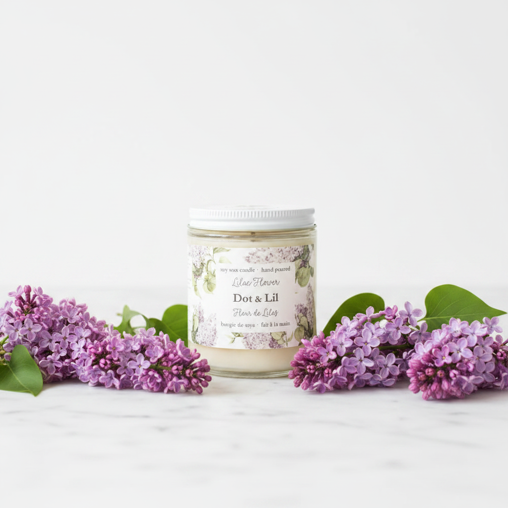 Bougie de soya Fleur de Lilas Dot & Lil sur marbre avec lilas frais