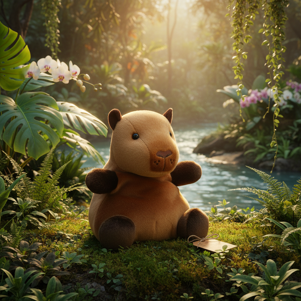 Peluche capybara Sid Aurora dans ambiance nature tropicale lifestyle