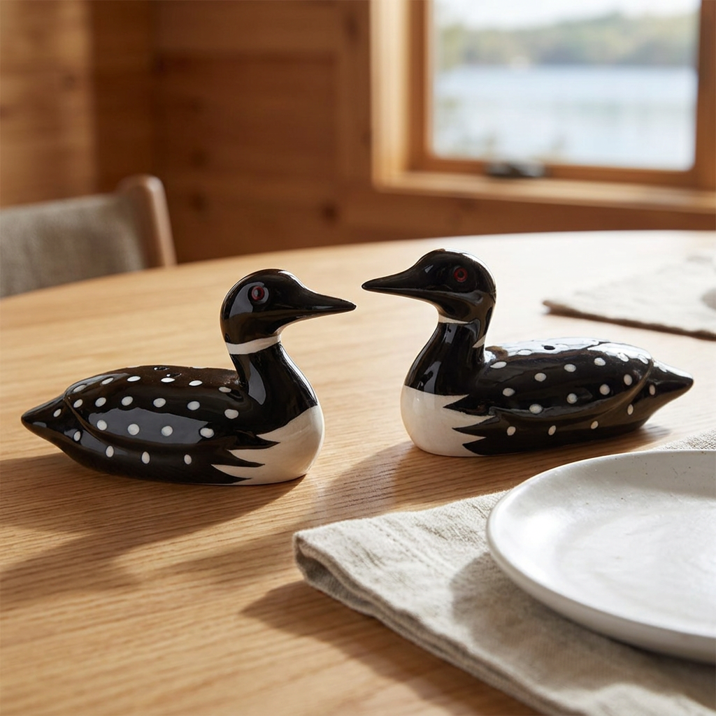 Duo salière et poivrière huards noirs et blancs sur une table en bois dans une ambiance chalet.