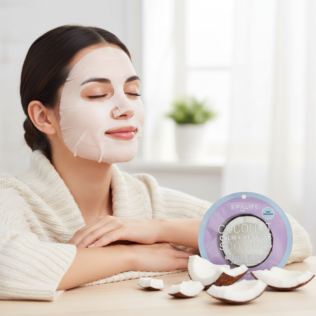 Femme portant un masque facial en tissu, noix de coco fraîche à côté, ambiance spa