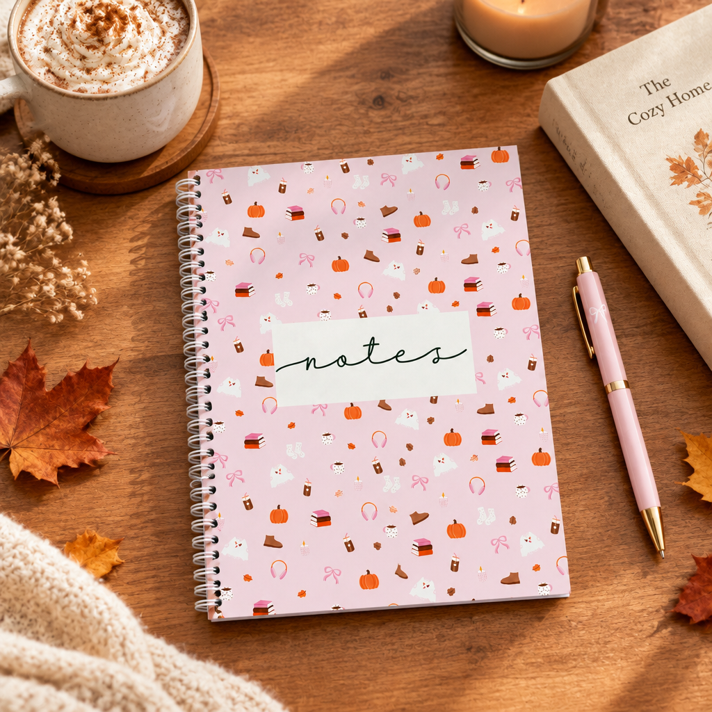 Cahier de notes rose à motifs automnaux présenté sur un bureau avec une boisson chaude et un livre
