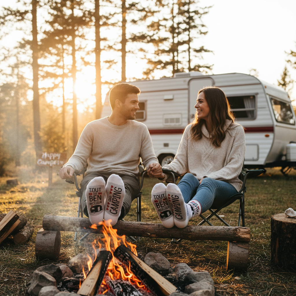 Couple au feu de camp avec bas de laine camping