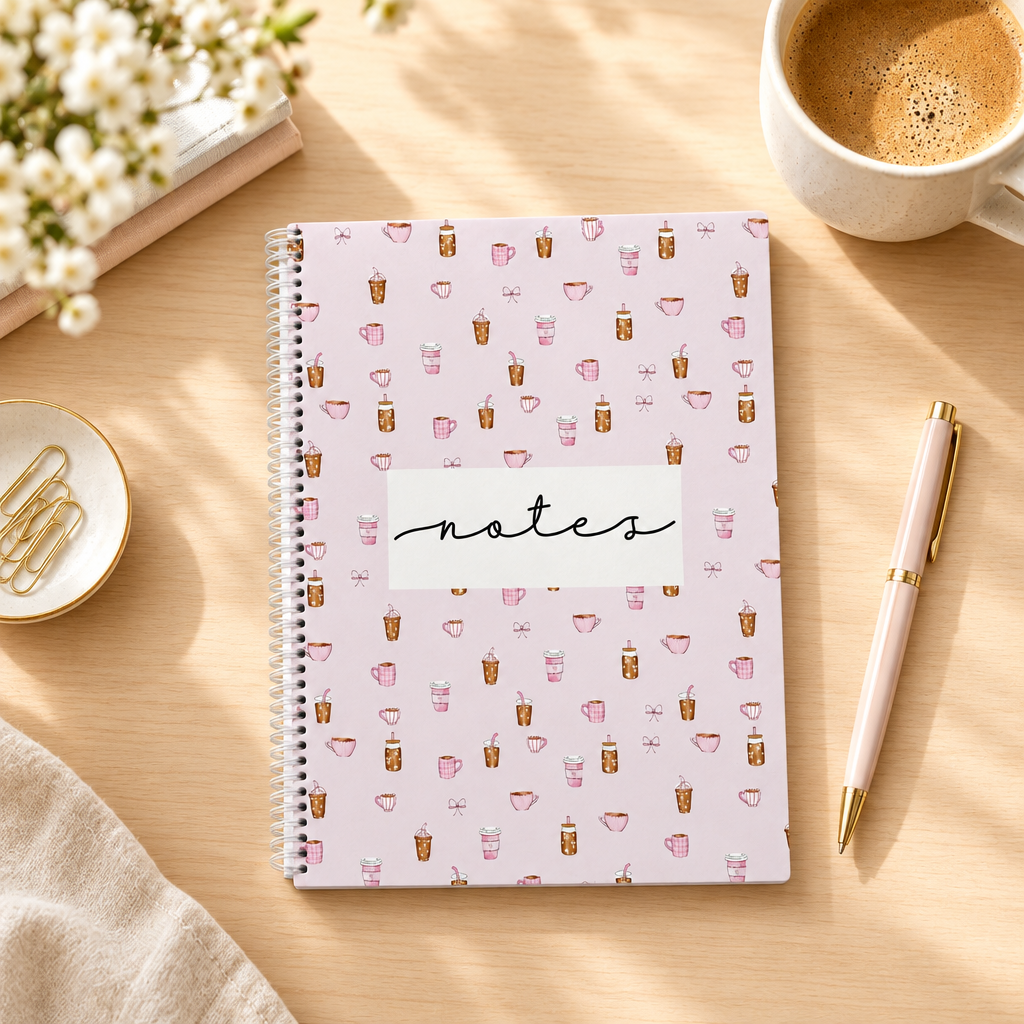 Cahier de notes rose à motifs de cafés vintages sur un bureau avec une tasse de café