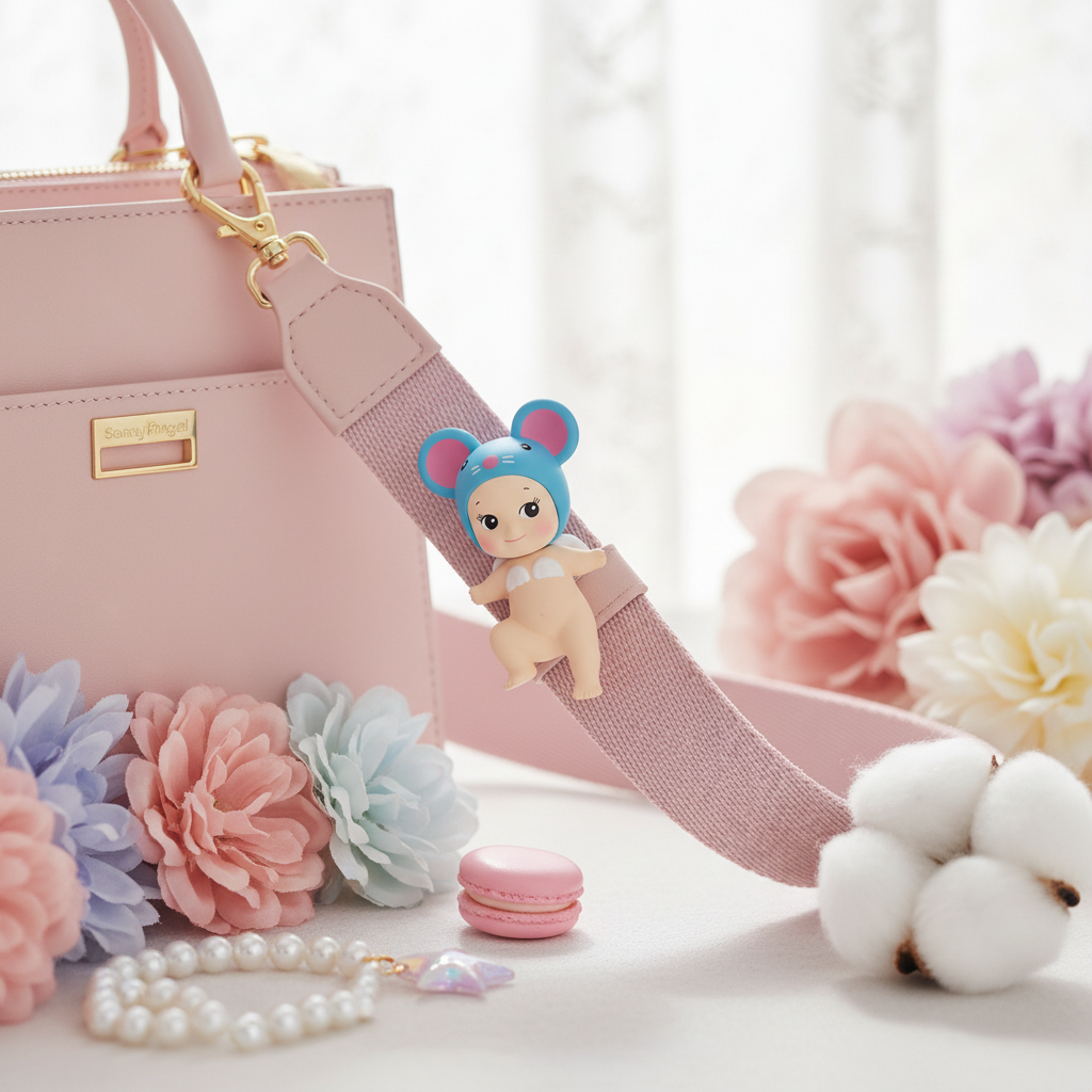 Petite figurine kawaii ange bébé chapeau souris bleue accrochée sur sangle de sac rose pastel avec fleurs