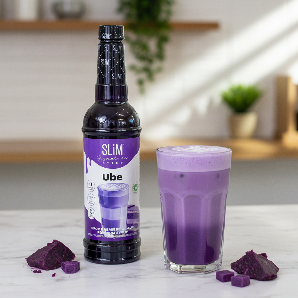 Sirop SLiM Ube avec latte violet en dégradé et art latte, ambiance café tendance