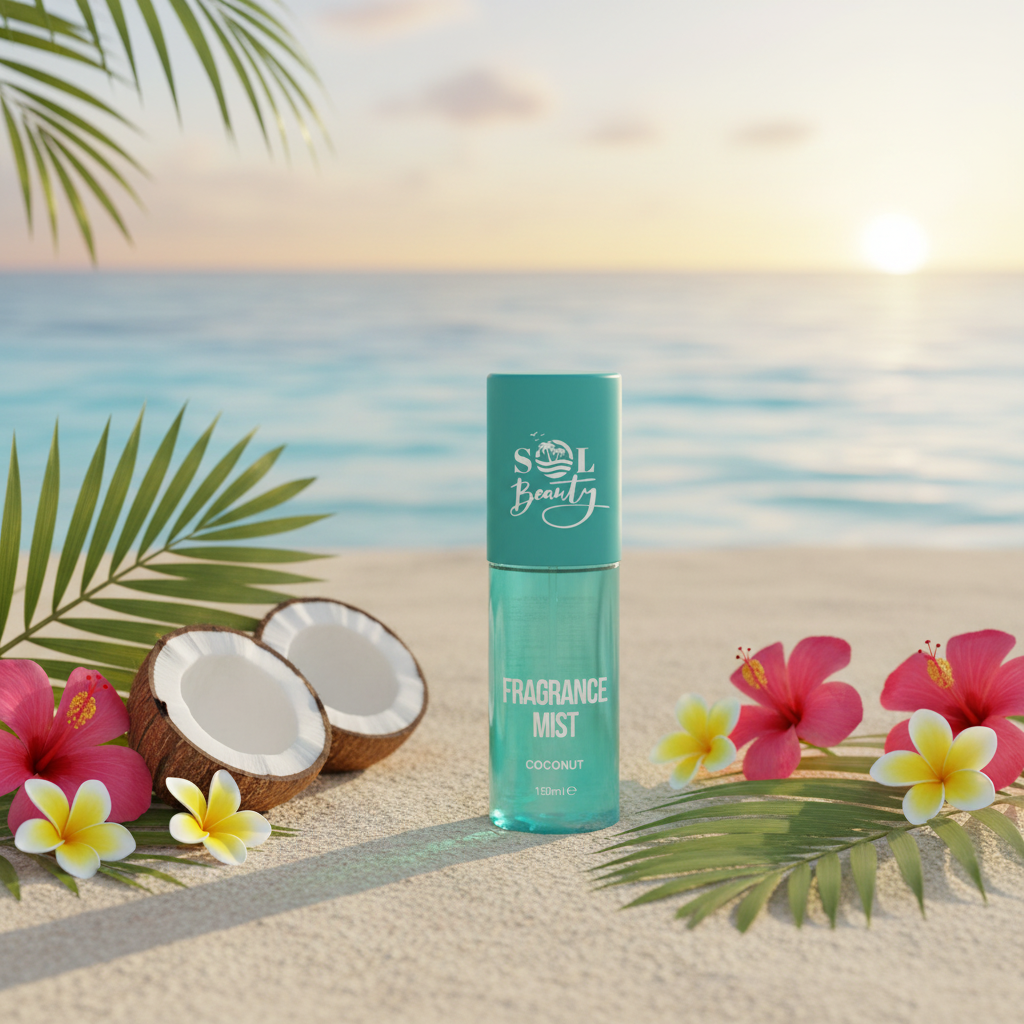 Flacon spray Sol Beauty Coconut sur plage tropicale avec noix de coco, fleurs et feuilles de palmier