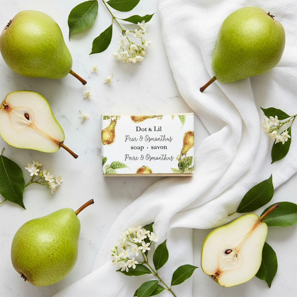 Savon Poire Osmanthus Dot & Lil flat lay marbre avec poires et fleurs