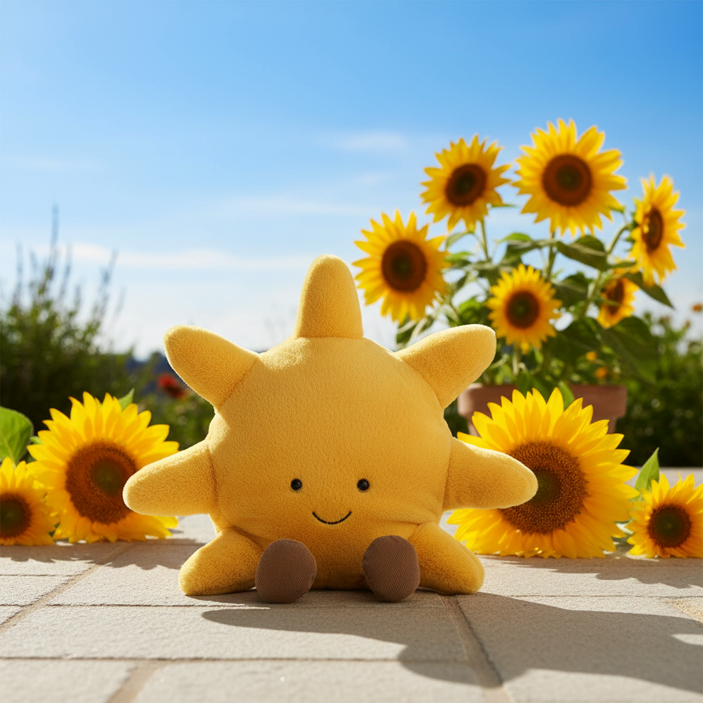 Jellycat Amuseable Soleil — Peluche soleil jaune doré sur terrasse ensoleillée avec tournesols