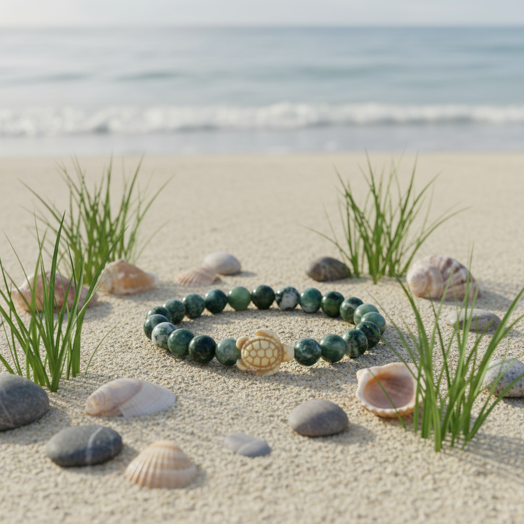 Bracelet Fahlo Tortue de Mer Seagrass sur sable avec herbes marines et coquillages