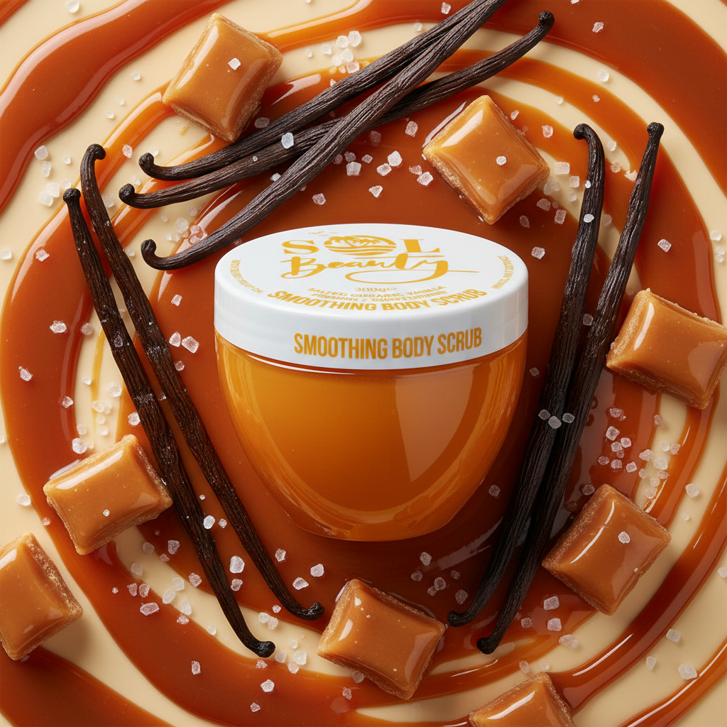 Gommage lissant corps Sol Beauty Caramel Salé Vanille sur fond blanc avec caramel, gousses de vanille et cristaux de sel