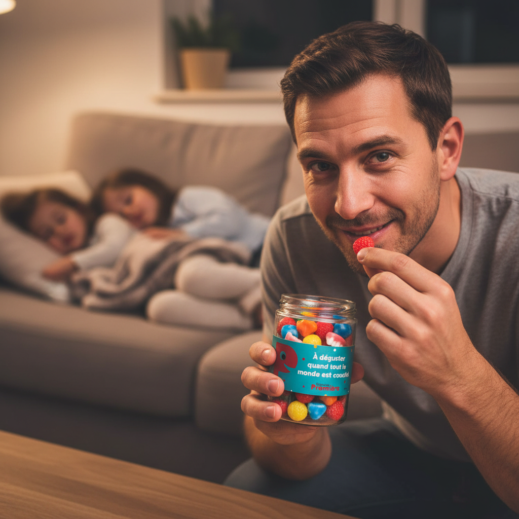 Parent dégustant un bonbon du pot pendant que les enfants dorment