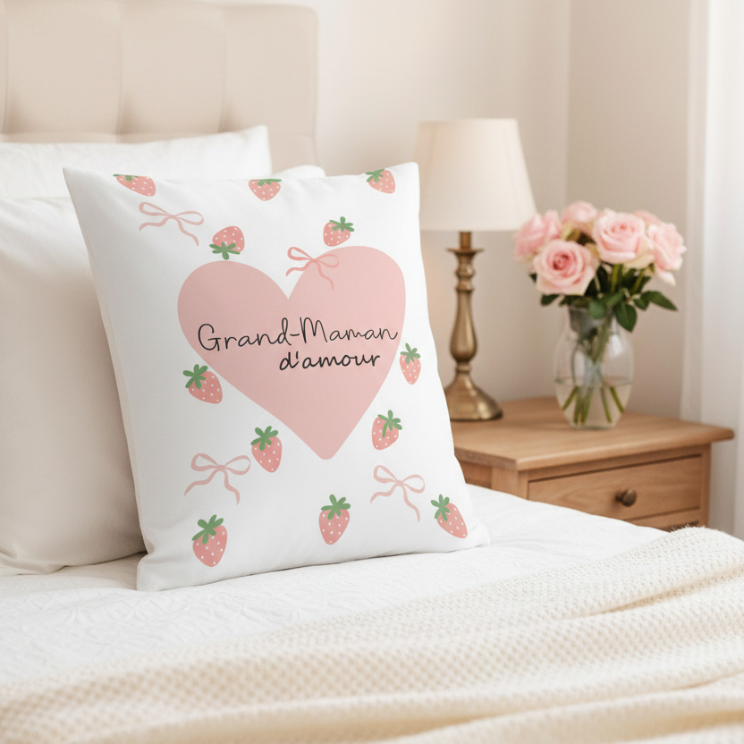 Coussin Grand-Maman d'amour - chambre cosy lit blanc tricot roses