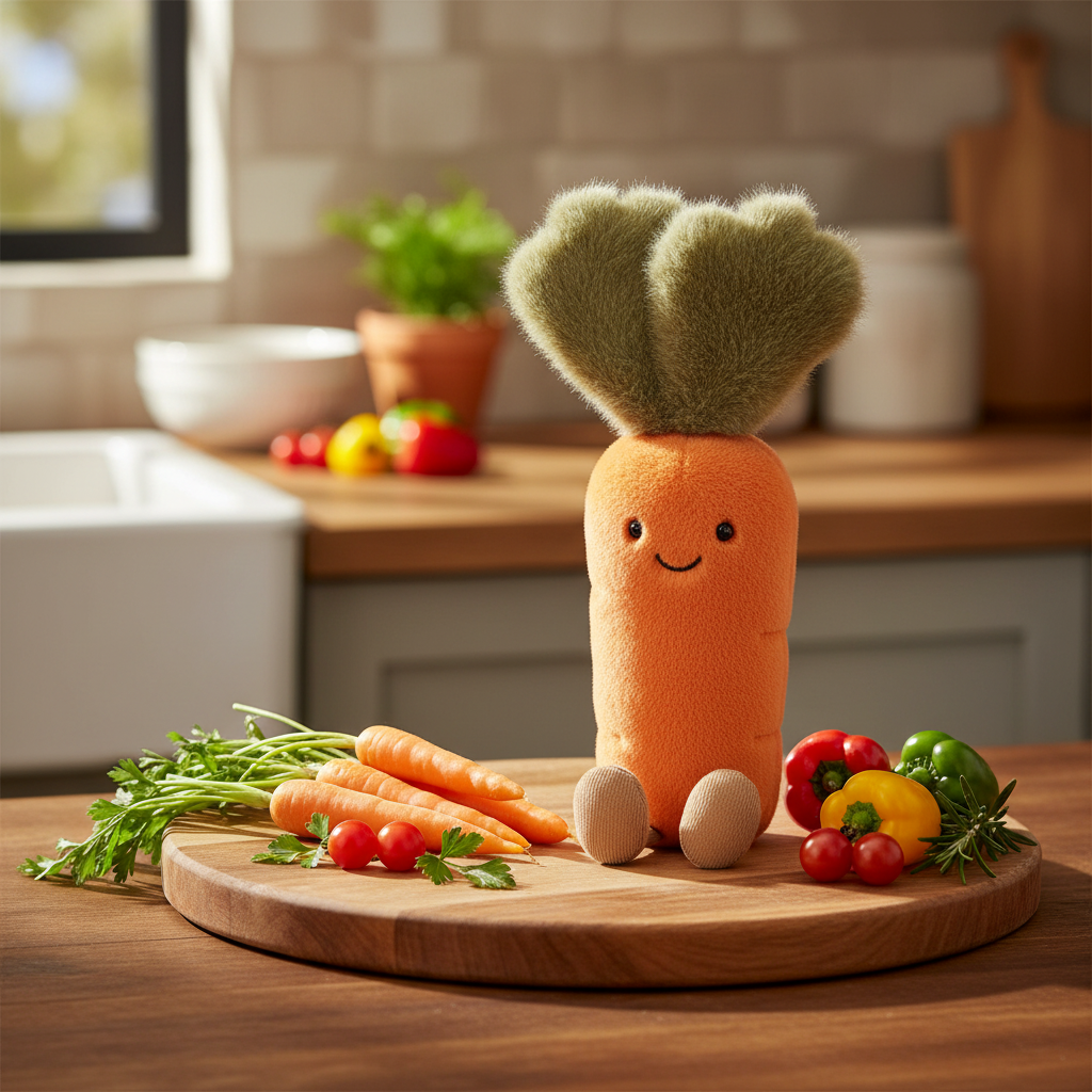 Jellycat Amuseables Carrot — Peluche Carotte en ambiance cuisine