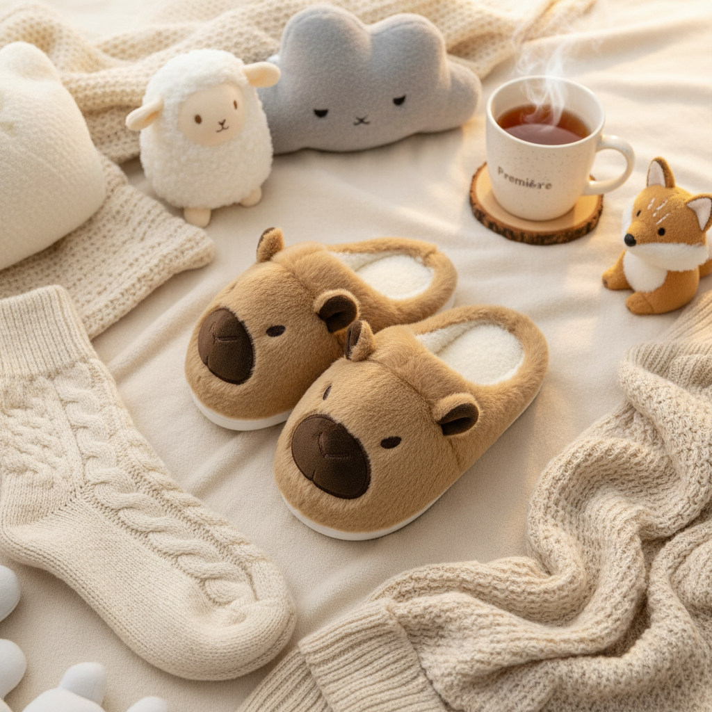 Pantoufles peluche Capybara brune sur fond blanc avec couverture douce et chaussettes
