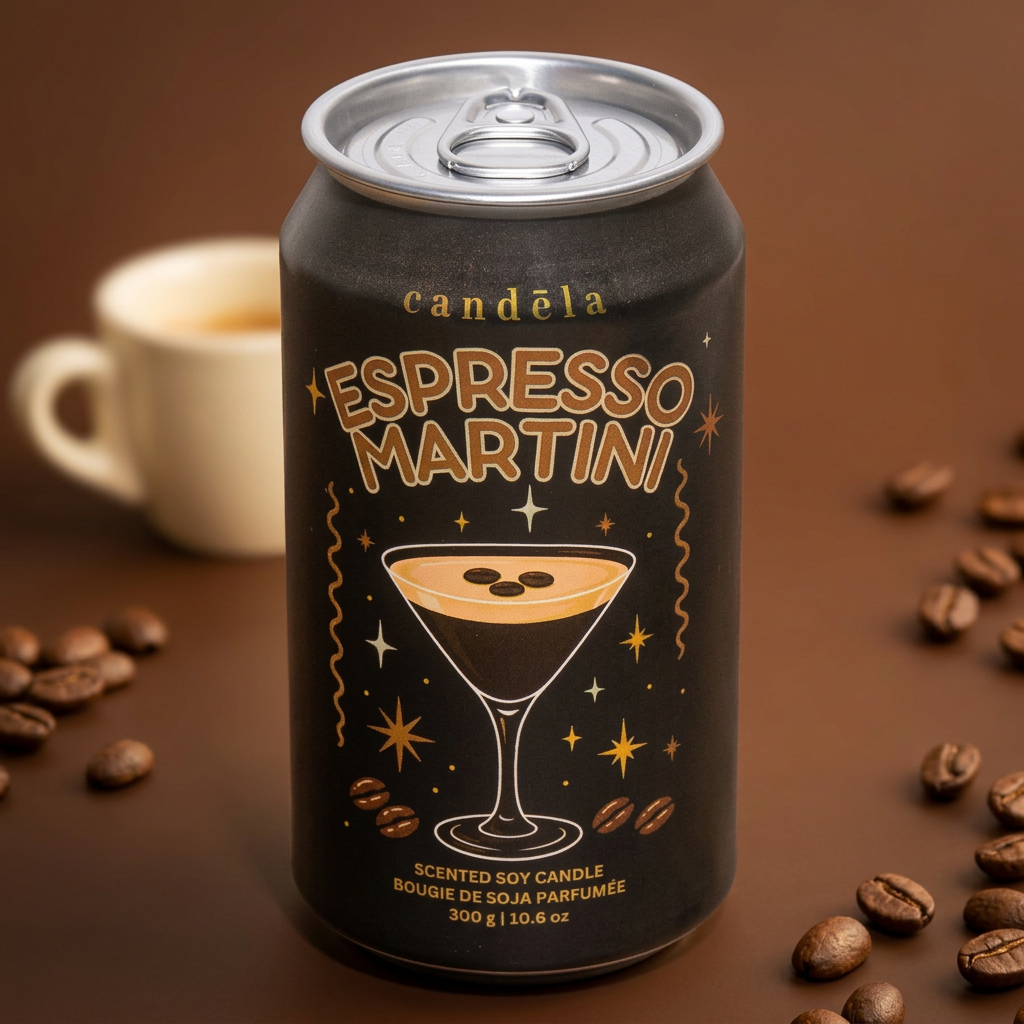Bougie CANDÈLA Espresso Martini en ambiance moka avec des grains de café