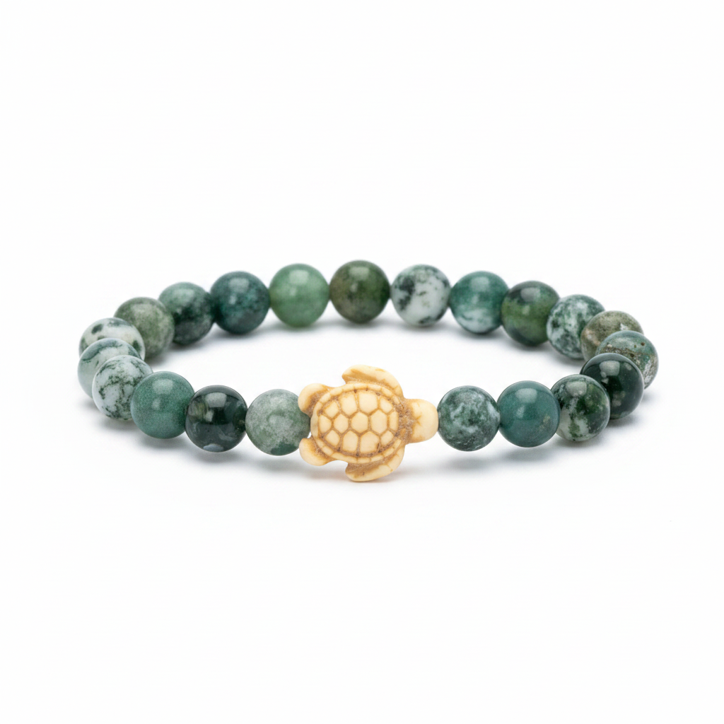 Bracelet Fahlo Tortue de Mer Seagrass perles agate mousse verte sur fond blanc