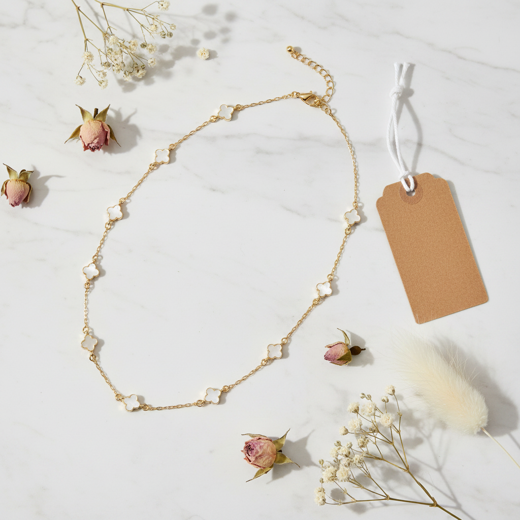 Flat lay collier trèfle coquillage blanc sur marbre blanc