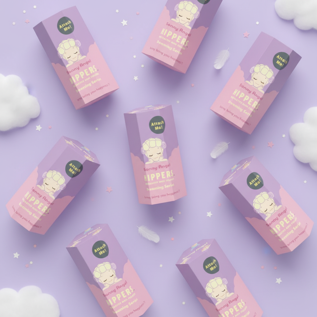 Plusieurs boîtes Hippers Dreaming Series en flat lay sur fond mauve pastel avec étoiles et nuages