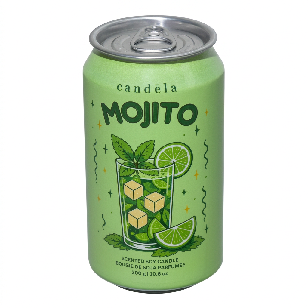 Bougie de soja CANDÈLA Mojito de 300 g en canette verte sur fond blanc
