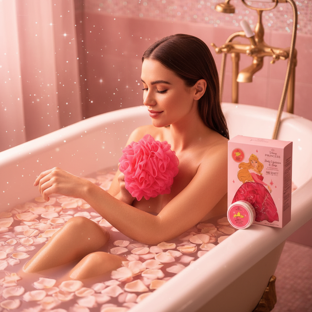 Femme utilisant le pompon de bain rose Mad Beauty Aurora Disney Princesse, pétales de roses et ambiance féerique