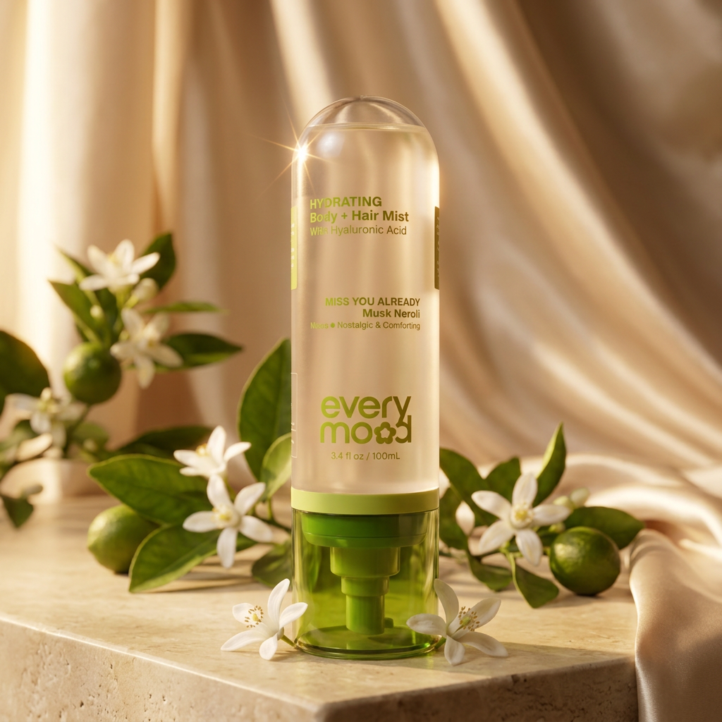 Brume Everymood Musk Neroli dans un décor beauté aux tons dorés et crème, avec des fleurs blanches et des feuilles d’agrumes.