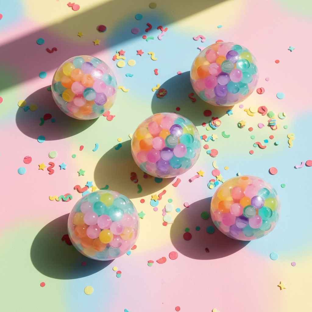 Boules anti-stress maille perlée arc-en-ciel sur surface colorée avec confettis