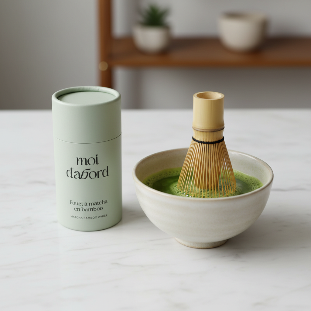 Fouet bambou Moi d'abord en action dans un bol de matcha vert