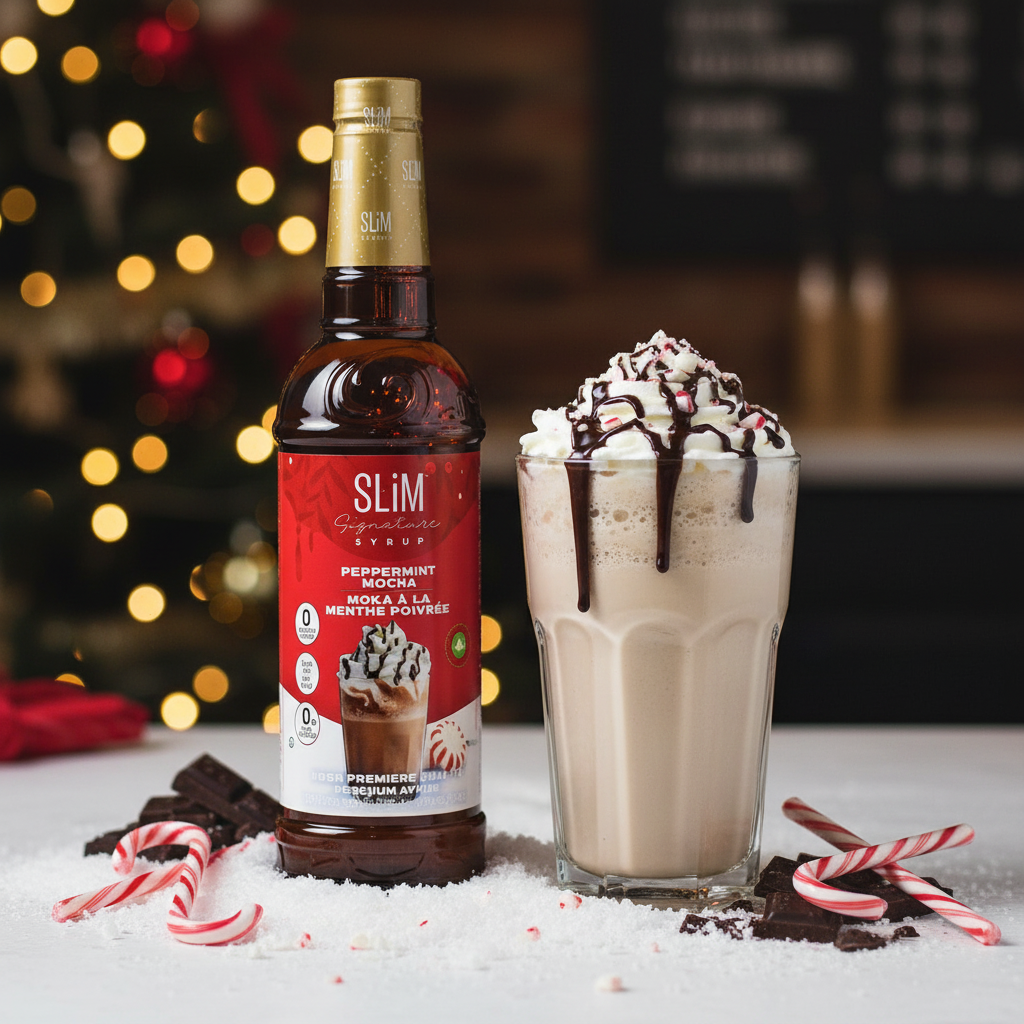 Sirop SLiM Moka Menthe Poivrée avec frappuccino, crème fouettée et cannes de bonbon, ambiance Noël festif
