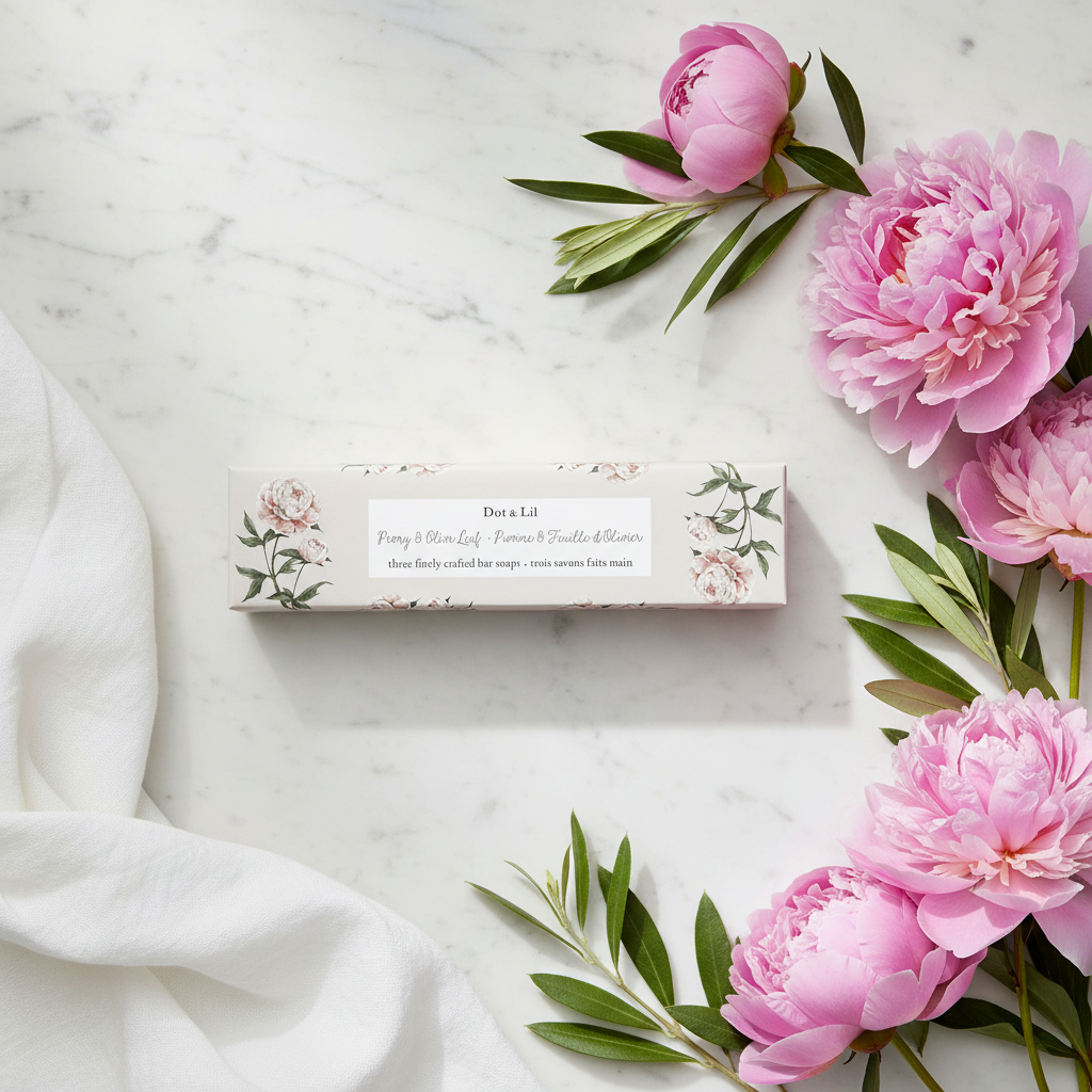 Trio de savons Pivoine Feuille d'Olivier Dot & Lil flat lay avec pivoines