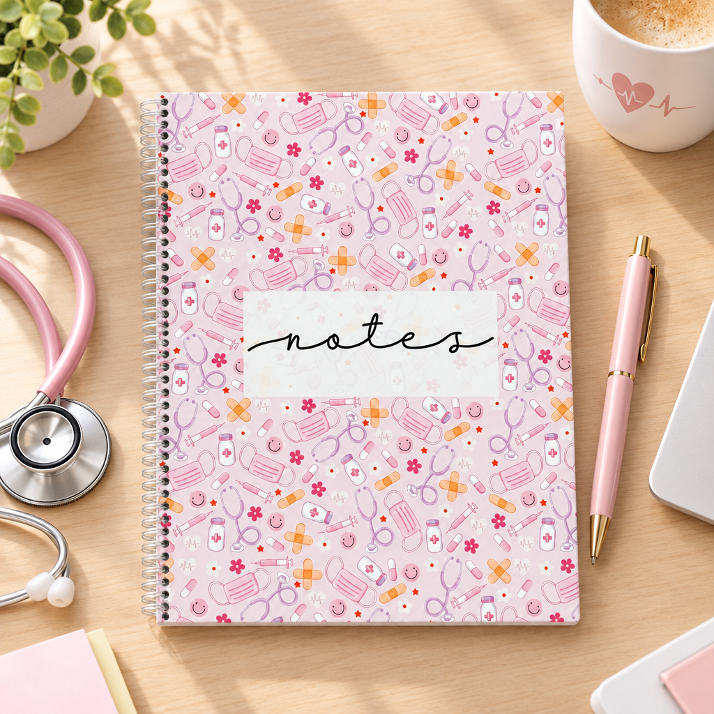 Cahier de notes rose à motifs médicaux sur un bureau avec un stéthoscope, une tasse et un stylo
