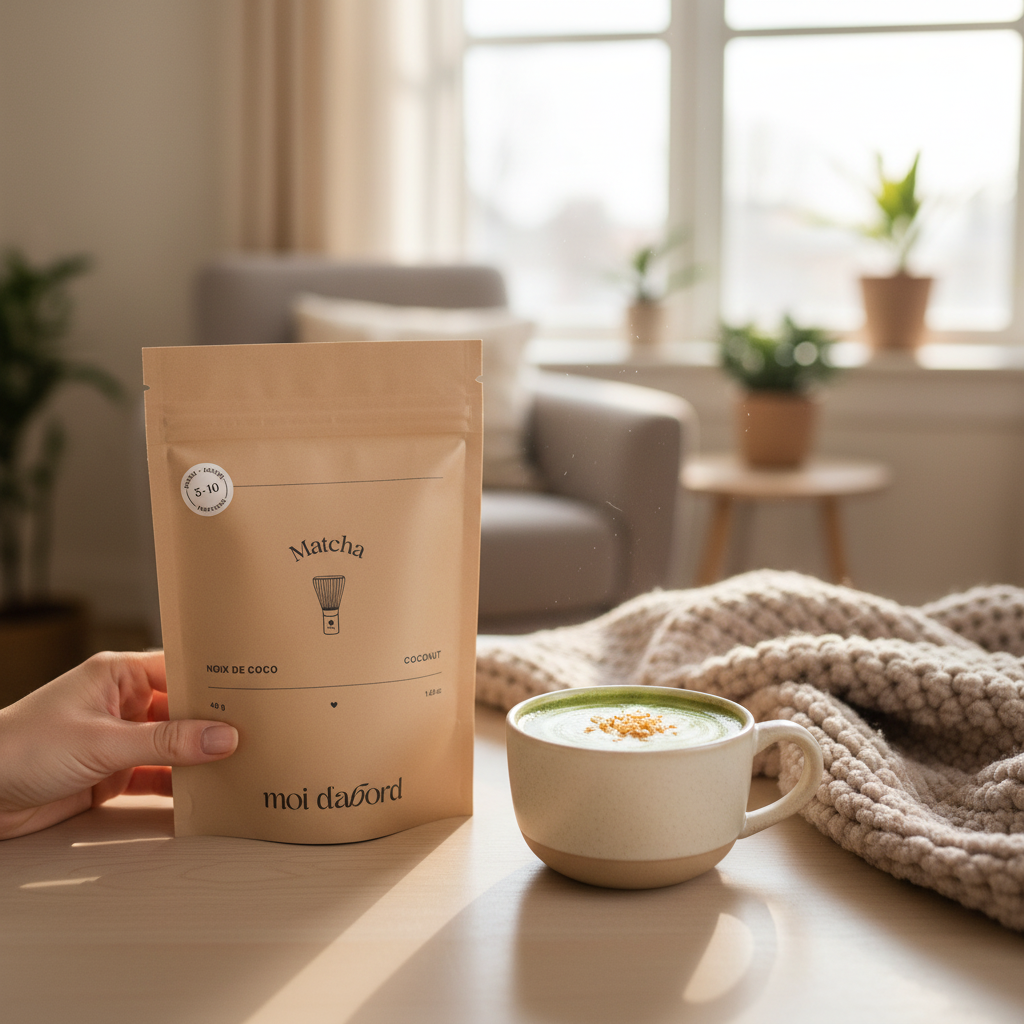 Mains tenant le sachet Matcha Noix de Coco Moi d'abord avec un latte