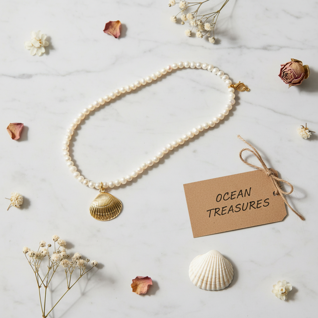 Flat lay collier Maya perles et coquillage doré sur marbre blanc