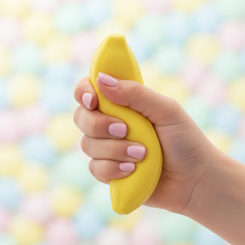 Main pressant le jouet anti-stress banane squishy, ambiance lifestyle