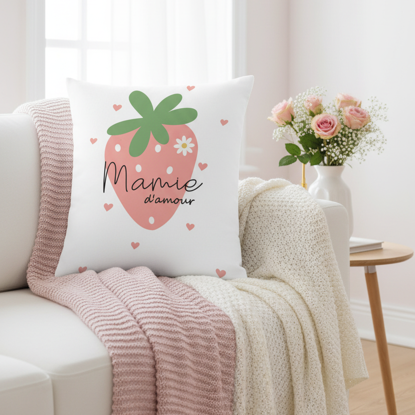 Coussin Mamie d'amour - décor salon rose et blanc