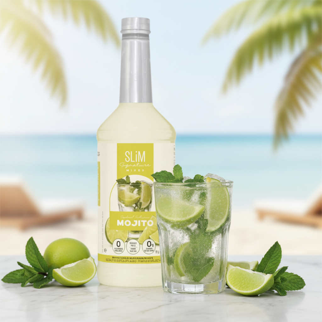 Sirop SLiM Mojito avec cocktail mojito classique, citron vert, menthe fraîche et glace pilée, ambiance bar de plage estival