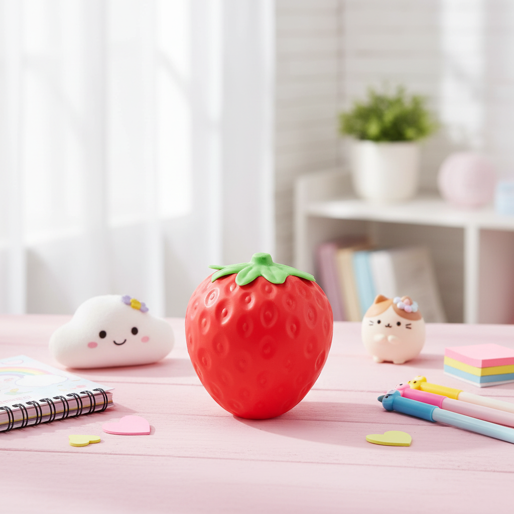 Jumbo Squeeeze Fraise 5 po sur bureau pastel avec jouets kawaii