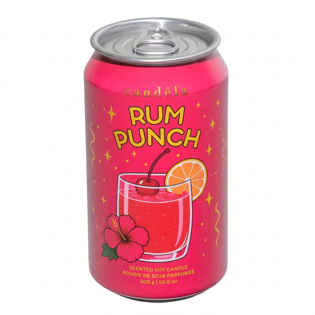 Bougie de soja CANDÈLA Rum Punch en canette rose de 300 g sur fond blanc