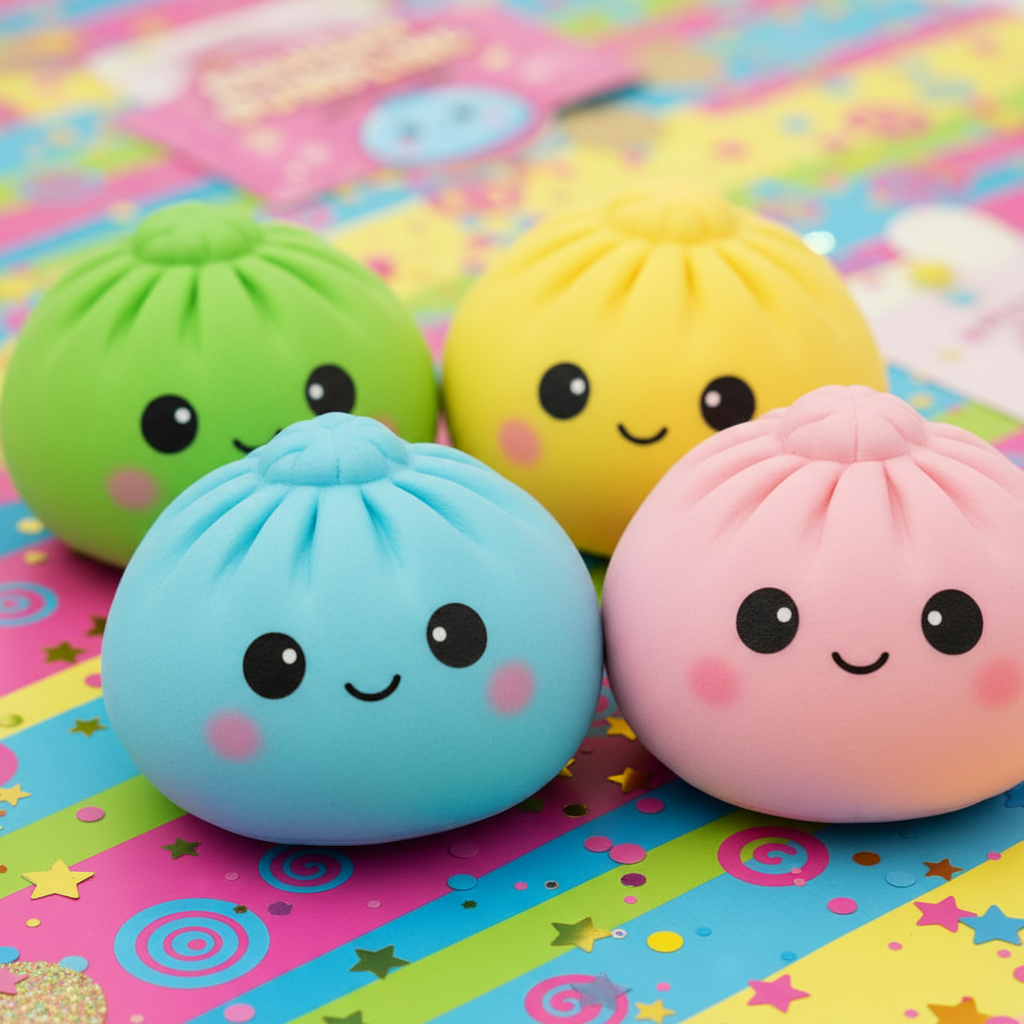 Grands dumplings squishy kawaii colorés vert, bleu, jaune et rose avec visages souriants sur surface festive