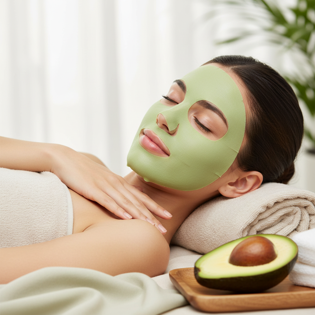 Femme portant un masque facial en tissu, avocat coupé à côté, ambiance spa