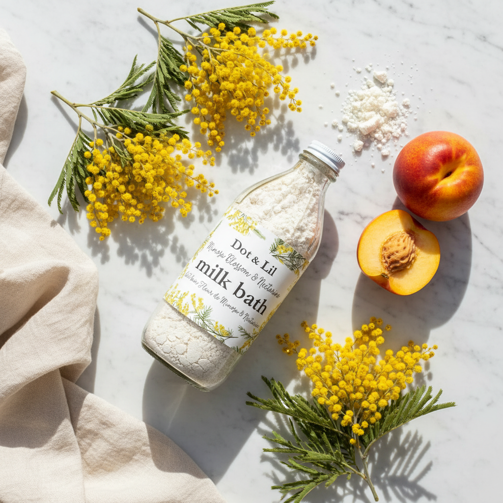 Lait de bain Mimosa Nectarine Dot & Lil flat lay marbre avec mimosas et nectarines
